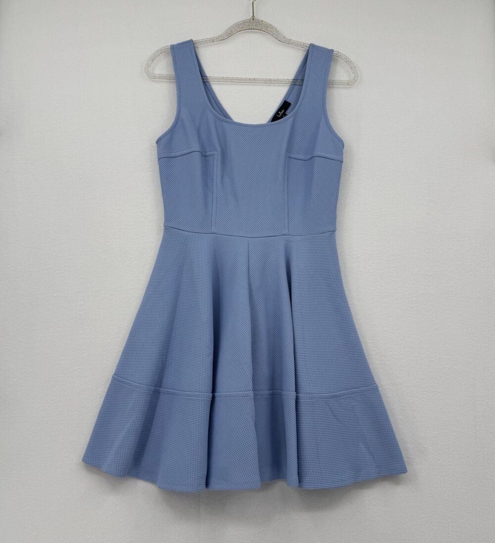 Lulus Fit & Flare Mini Dress Blue Textured Sleeveless Zip Back Chic Summer Sz L